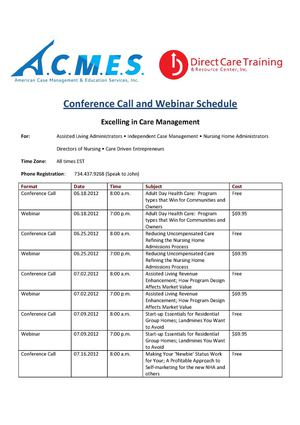 Summer 2012 Conf Call Webinar Schedule