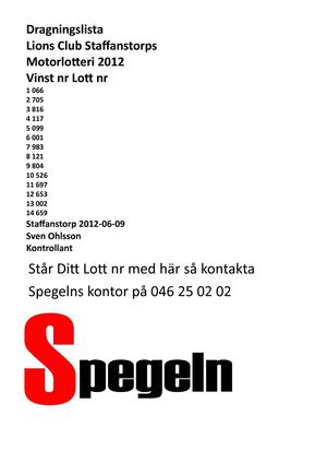 Dragnings lista på Lions motor lotteri  