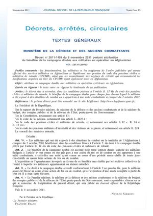 Décret no 2011-1459 du 8 novembre 2011 portant attribution du bénéfice de la campagne double aux militaires en opération en Afghanistan