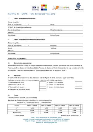 FICHA DE INSCRIÇÃO Verão 2012