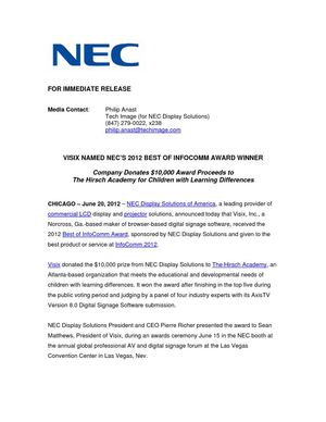 VISIX NAMED NEC’S 2012 BEST OF INFOCOMM AWARD WINNER 