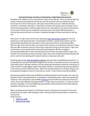 Hearing Protection to Enhance Productivity in High Noise Environments