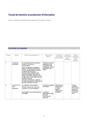 Les étapes du scénario pédagogique Mémoire et création d'information