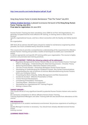 Hong Kong Human Factor in Aviation Maintenance “Train The Trainer” July 2012