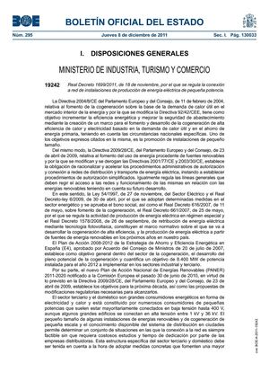 RD 1699/2011, de 18 de noviembre, por el que se regula la conexión a red de instalaciones de producción de energía eléctrica de pequeña potencia