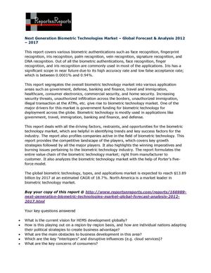 Global Next Generation Biometric Technologies Market –  Forecast & Analysis 2012 – 2017