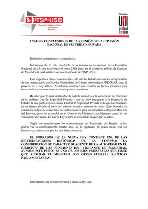 Análisis de la Reunión Comisión Nacional de Seguridad Privada