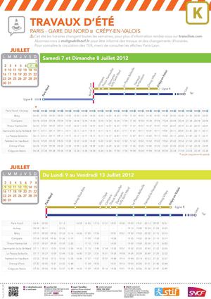 SNCF Transilien Ligne k - horaires du we 7-8/07 et semaine du 9-13/07