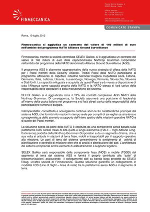 Finmeccanica contratto 140 milioni di euro programma NATO Alliance Ground Surveillance