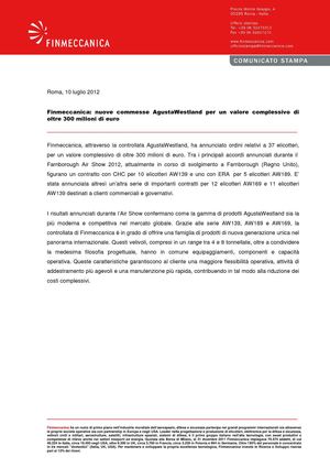 Finmeccanica: nuove commesse AgustaWestland per un valore complessivo di oltre 300 milioni di euro