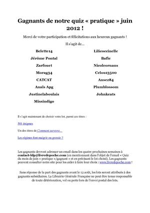 Voici les résultats de notre quiz "pratique" de juin 2012 !