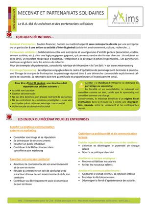Mécénat et partenariats solidaires - Fiche pratique IMS-Entreprendre pour la Cité