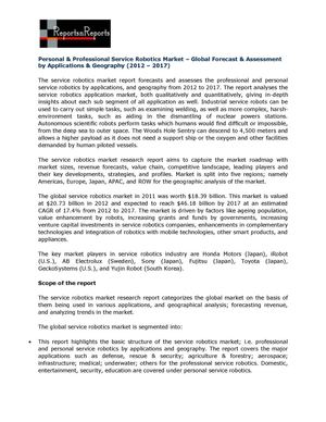 Personal & Professional Service Robotics Market – Global Forecast & Assessment by Applications & Geography (2012 – 2017)
