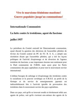 Internationale communiste : la lutte contre le trotskysme, agent du fascisme (juillet 1937)