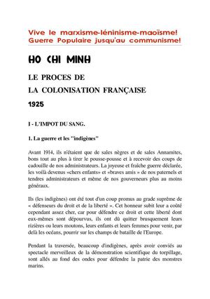 Hô Chi Minh : le procès de la colonisation française (chapitre 1 : l'impôt du sang)