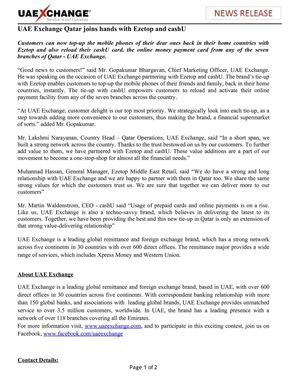 UAE Exchange Qatar joins hands with Ezetop and cashU