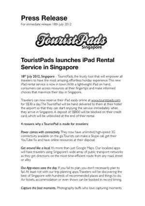 TouristPads launches iPad Rental Service in Singapore