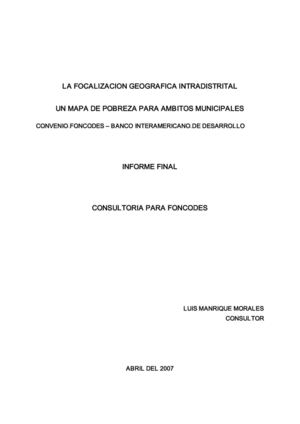 Focalización Geográfica Intradistrital - Un Mapa De Pobreza Para Ámbitos Municipales 