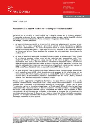 Finmeccanica: da accordi con Israele contratti per 850 milioni di dollari