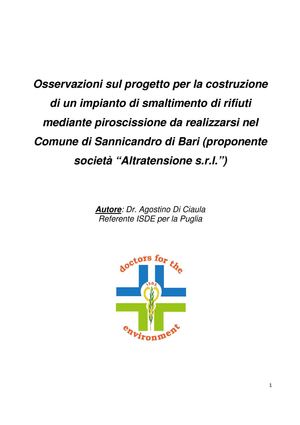 Osservazioni sul progetto per la costruzione di un impianto di smaltimento di rifiuti mediante piroscissione da realizzarsi nel Comune di Sannicandro di Bari - Dr. Agostino Di Ciaula Referente ISDE per la Puglia