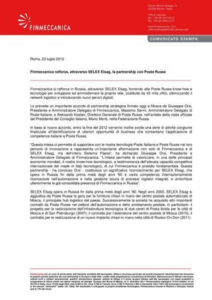 Finmeccanica rafforza, attraverso SELEX Elsag, la partnership con Poste Russe