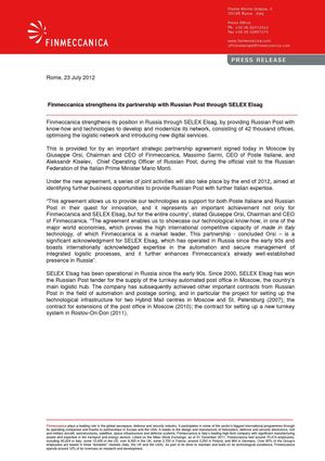 Finmeccanica strengthens its partnership with Russian Post through SELEX Elsag