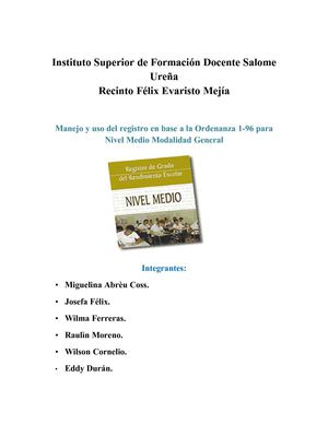 Manejo y uso del registro en base a la Ordenanza 1-96 para Nivel Medio Modalidad General