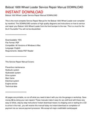 Bobcat 1600 Wheel Loader Service Repair Manual DOWNLOAD