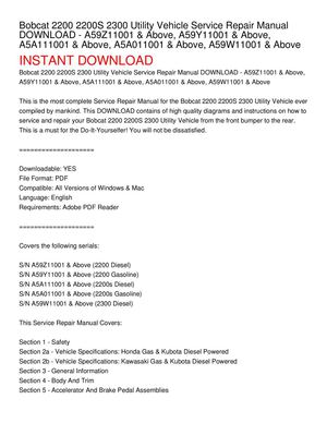 Bobcat 2200 2200S 2300 Utility Vehicle Service Repair Manual DOWNLOAD - A59Z11001 & Above, A59Y11001 & Above, A5A111001 & Above, A5A011001 & Above, A59W11001 & Above