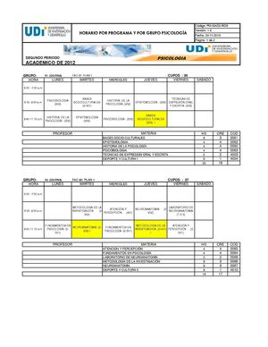 HORARIOS II-2012 JORNADA DIURNA PROGRAMA DE PSICOLOGÍA UDI 