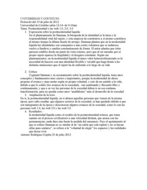 protocolo "postmodernidad liquida " Antonio Rodriguez E.