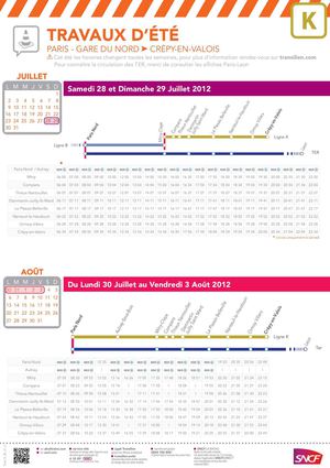 SNCF Transilien Ligne K - Horaires du WE 28-29/07 et semaine 30/07 au 03/08