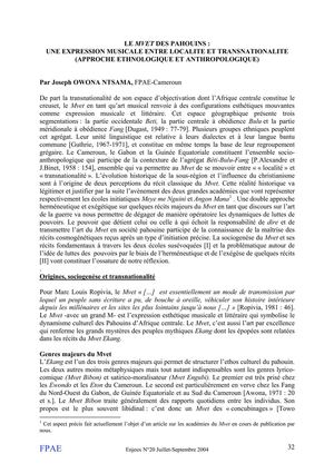 LE MVET DES PAHOUINS : UNE EXPRESSION MUSICALE ENTRE LOCALITE ET TRANSNATIONALITE (APPROCHE ETHNOLOGIQUE ET ANTHROPOLOGIQUE)