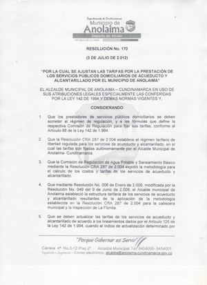 Resolución No.170 de julio 03 de 2012