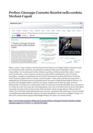 Prelios: Giuseppe Cornetto Bourlot nella cordata Merloni e Massimo Caputi