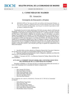 Tablas salariales del convenio colectivo de Hospedaje para el año 2012