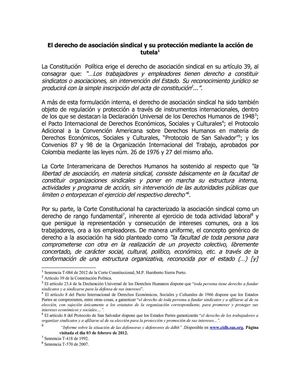 El derecho de asociación sindical y su protección mediante acción de tutela