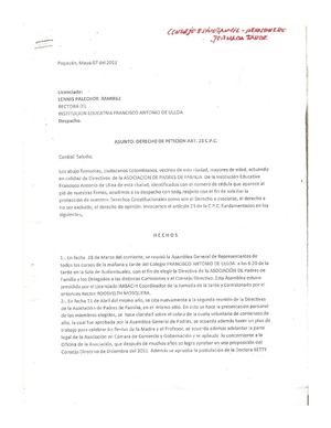 Derecho de petición Asociación padres de familia I.E. F.A.U. 