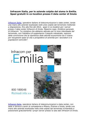 Infracom Italia, per le aziende colpite dal sisma in Emilia. Spazi gratuiti in co-location presso il data center di Imola