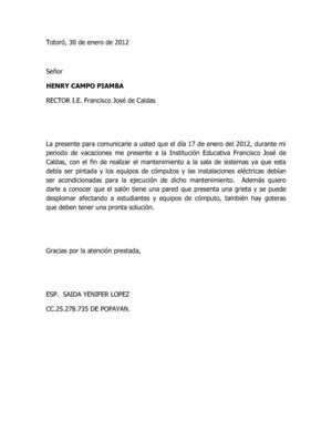 Carta informando sobre daño en la pared sala de sistemas 30 de enero 2012