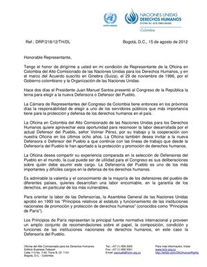 Carta abierta a la Cámara de Representantes con motivo de la elección del Defensor del Pueblo