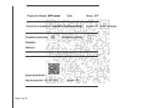 Plan de développement de cours: BTP Cuisine, Compétence N°1.