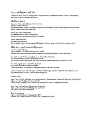 Homeowner Internet Resource Guide for watershed friendly gardening