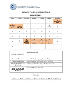 Calendario Proceso de Admisión 2013