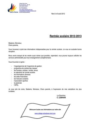 lettre de rentrée 2012
