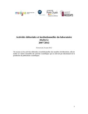 Activités éditoriales et institutionnelles du laboratoire MoDyCo 2007-2012