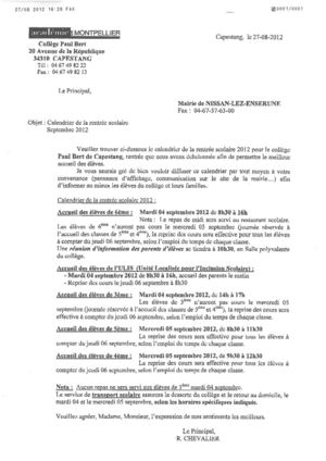 Calendrier de la rentrée scolaire septembre 2012 Collège Paul Bert