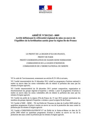 Arrêté définissant le référentiel régional de mise en oeuvre de l'équilibre de la fertilisation azotée pour la région Île-de-France