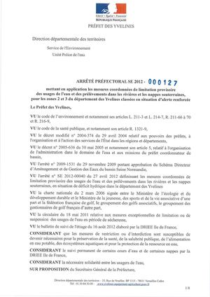 Arrêté Préfectoral du 22 août 2012 de limitation de l'usage de l'eau