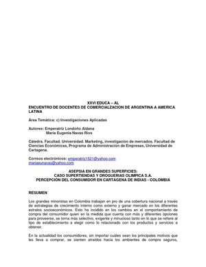 ASEPSIA EN GRANDES SUPERFICIES: CASO SUPERTIENDAS Y DROGUERIAS OLIMPICA S.A. PERCEPCIÓN DEL CONSUMIDOR EN CARTAGENA DE INDIAS - COLOMBIA